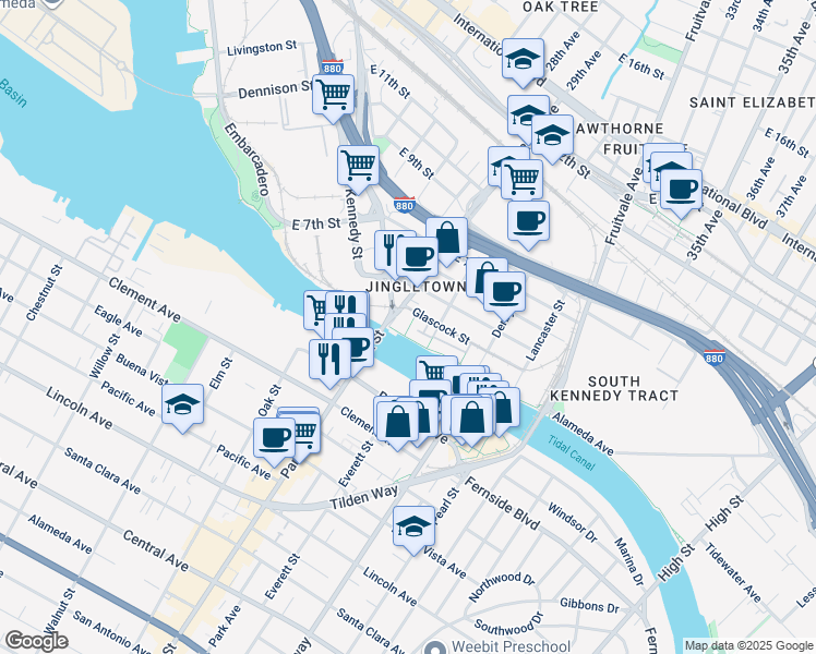 map of restaurants, bars, coffee shops, grocery stores, and more near 2875 Glascock Street in Oakland