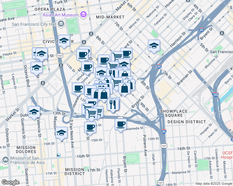 map of restaurants, bars, coffee shops, grocery stores, and more near 1420 Harrison Street in San Francisco