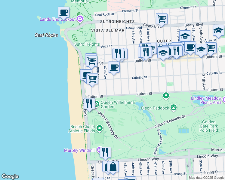 map of restaurants, bars, coffee shops, grocery stores, and more near 869 46th Avenue in San Francisco