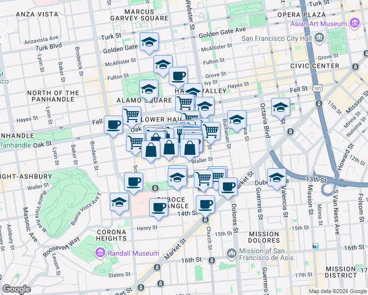 map of restaurants, bars, coffee shops, grocery stores, and more near 215 Steiner Street in San Francisco