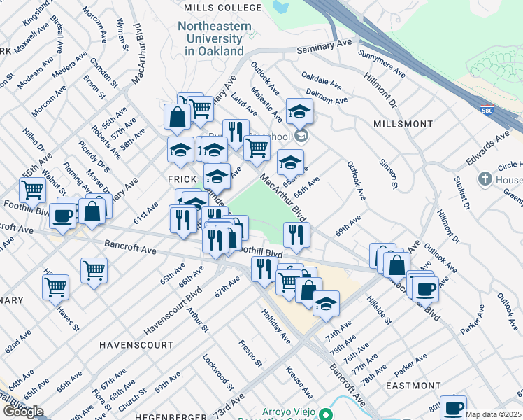 map of restaurants, bars, coffee shops, grocery stores, and more near 6450 Camden Street in Oakland