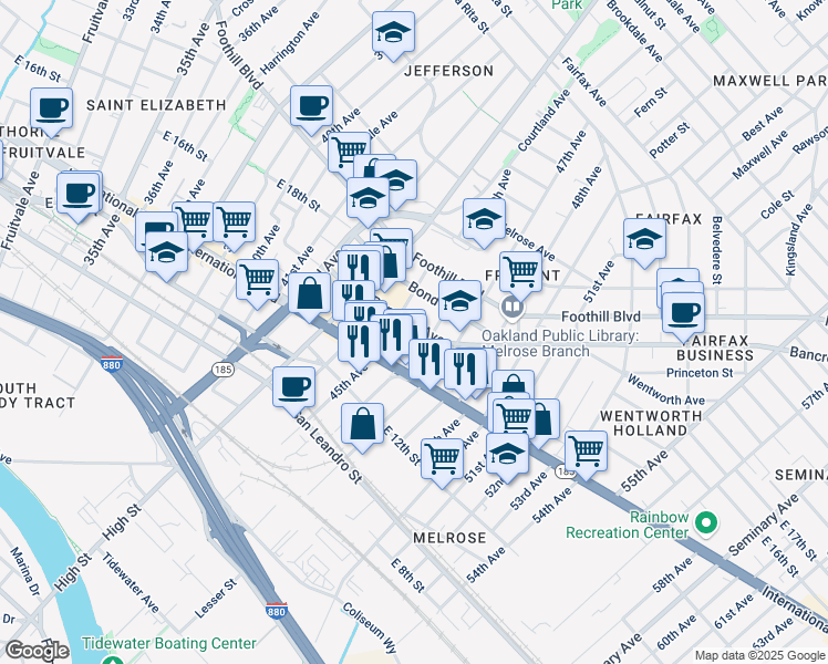 map of restaurants, bars, coffee shops, grocery stores, and more near 1436 46th Avenue in Oakland