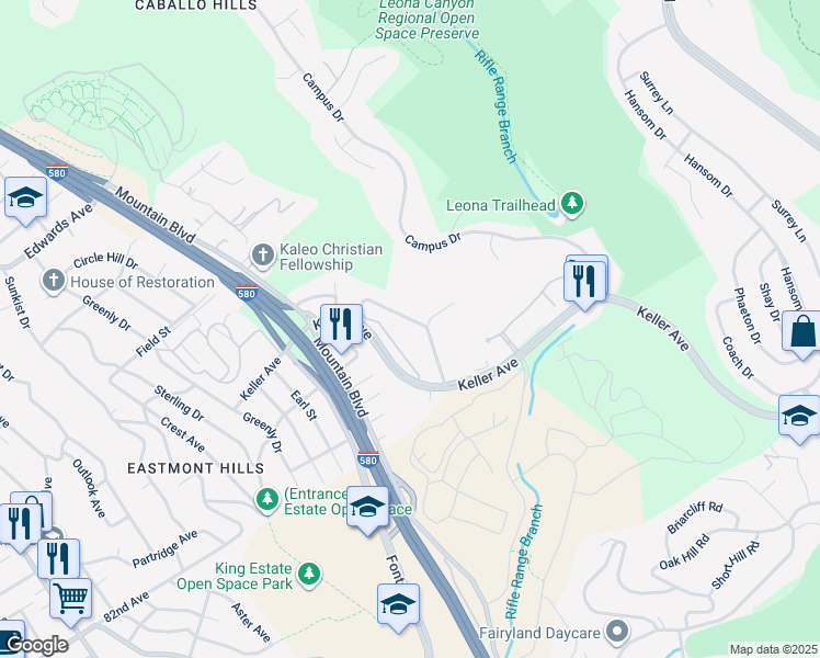 map of restaurants, bars, coffee shops, grocery stores, and more near 8090 Greenridge Drive in Oakland