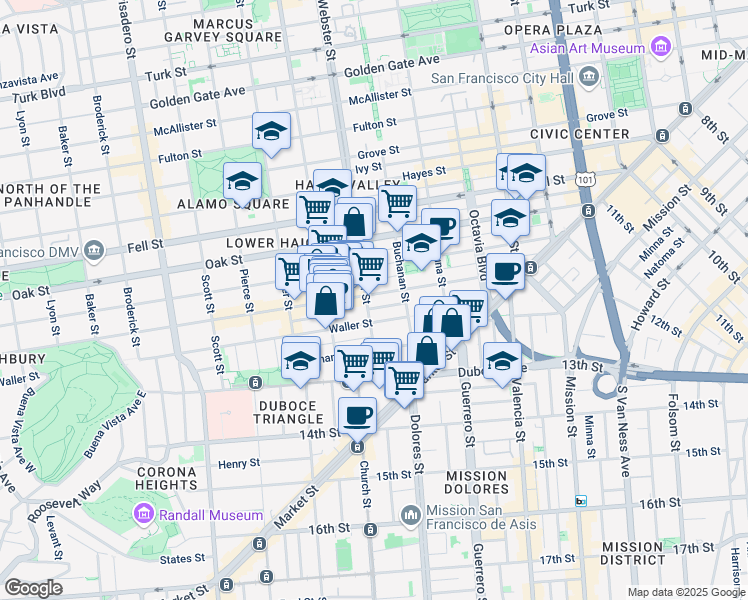 map of restaurants, bars, coffee shops, grocery stores, and more near 383 Haight Street in San Francisco