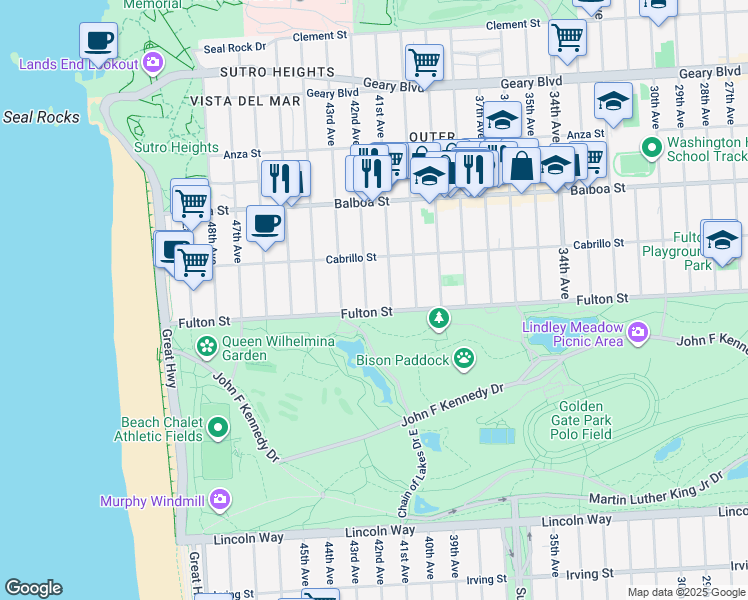 map of restaurants, bars, coffee shops, grocery stores, and more near 6500 Fulton Street in San Francisco