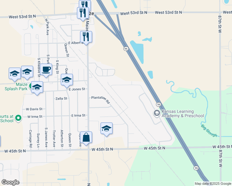 map of restaurants, bars, coffee shops, grocery stores, and more near South Sweetwater Road in Maize