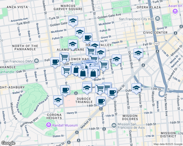map of restaurants, bars, coffee shops, grocery stores, and more near 215 Steiner Street in San Francisco