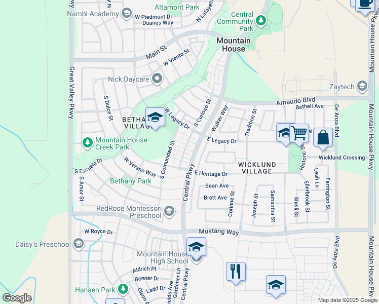 map of restaurants, bars, coffee shops, grocery stores, and more near 43 Brilloso Lane in Tracy