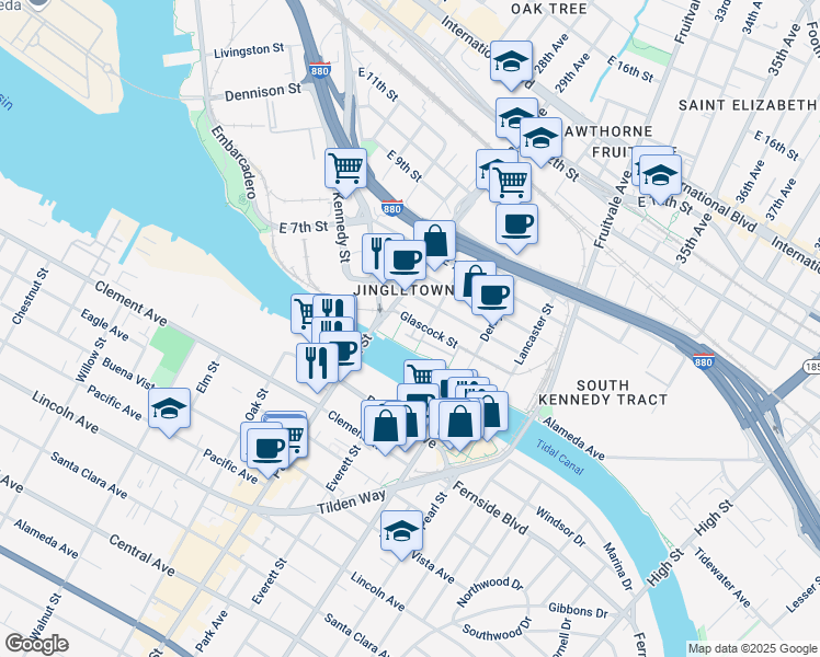map of restaurants, bars, coffee shops, grocery stores, and more near 303 Bowsman Court in Oakland