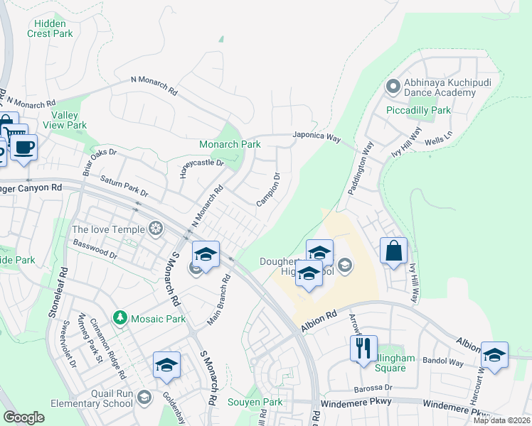 map of restaurants, bars, coffee shops, grocery stores, and more near 649 Shellsilver Court in San Ramon
