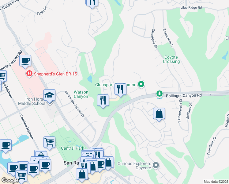 map of restaurants, bars, coffee shops, grocery stores, and more near 1101 Vista Pointe Circle in San Ramon