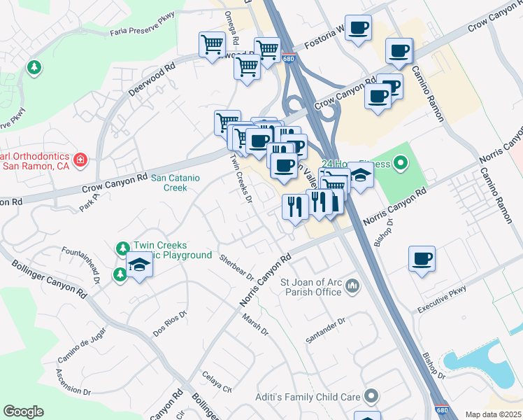 map of restaurants, bars, coffee shops, grocery stores, and more near 2612 Shadow Mountain Drive in San Ramon