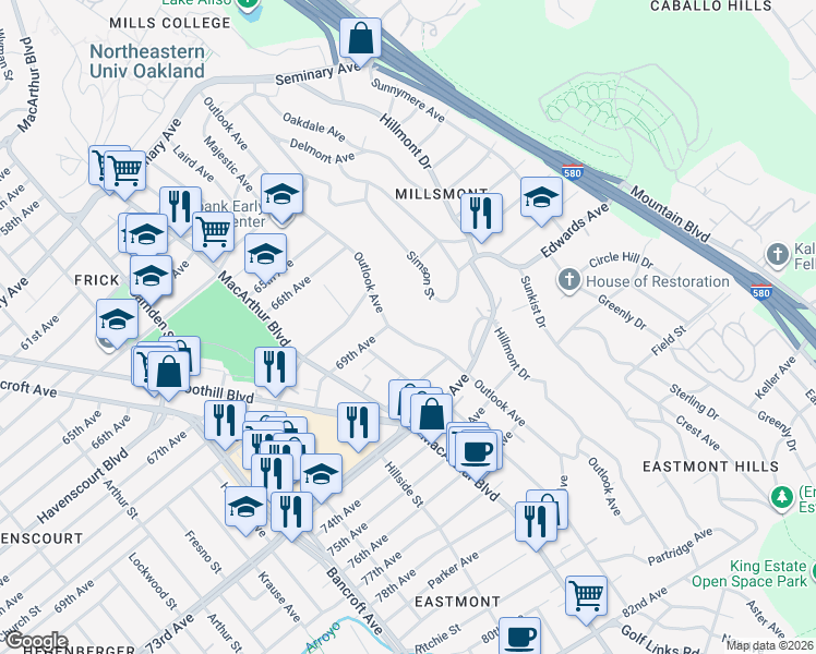 map of restaurants, bars, coffee shops, grocery stores, and more near 7015 Outlook Avenue in Oakland