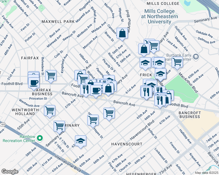 map of restaurants, bars, coffee shops, grocery stores, and more near 2607 Seminary Avenue in Oakland