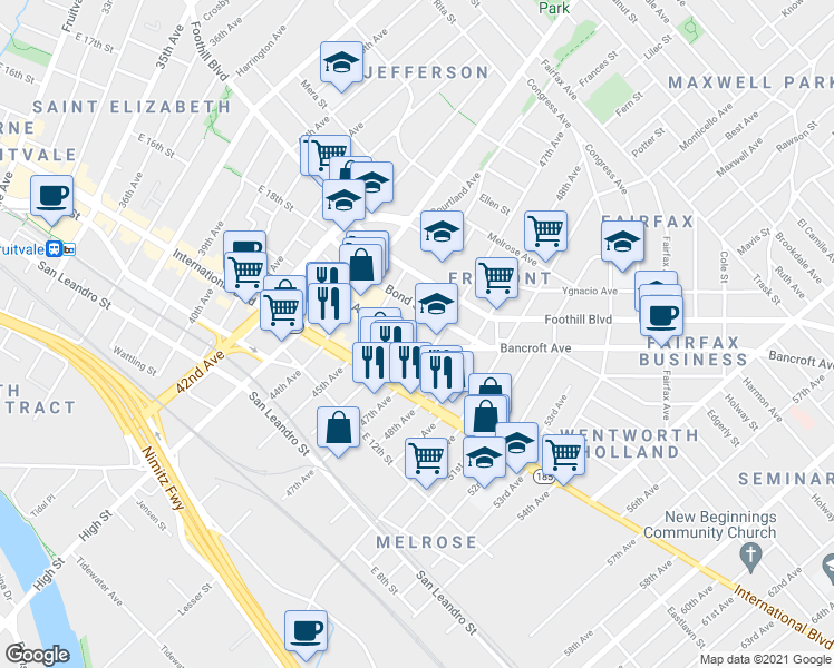 map of restaurants, bars, coffee shops, grocery stores, and more near 1436 46th Avenue in Oakland