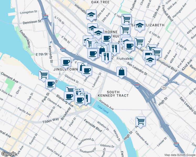 map of restaurants, bars, coffee shops, grocery stores, and more near 3122 Chapman Street in Oakland