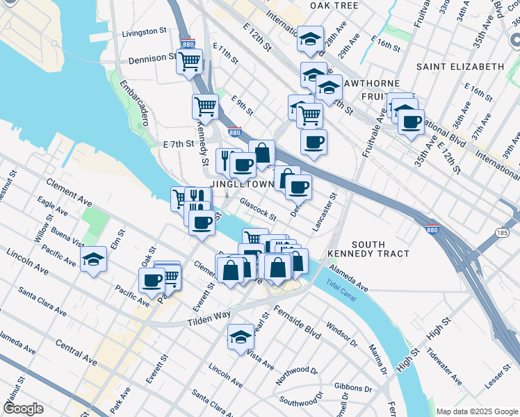 map of restaurants, bars, coffee shops, grocery stores, and more near 2865 Regatta Drive in Oakland