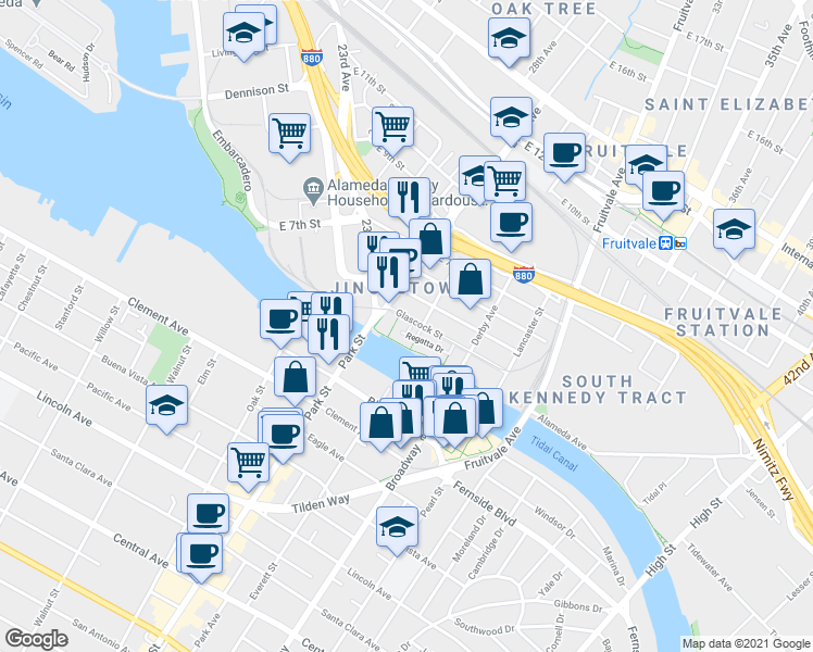 map of restaurants, bars, coffee shops, grocery stores, and more near 2813 Regatta Drive in Oakland