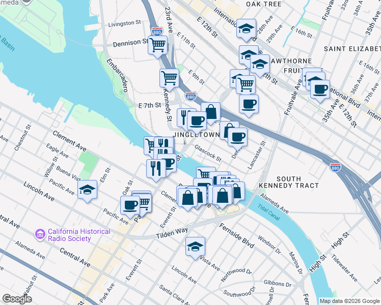 map of restaurants, bars, coffee shops, grocery stores, and more near 2813 Regatta Drive in Oakland