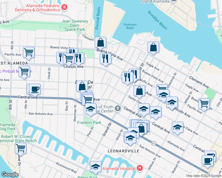 map of restaurants, bars, coffee shops, grocery stores, and more near 1418 Cottage Street in Alameda