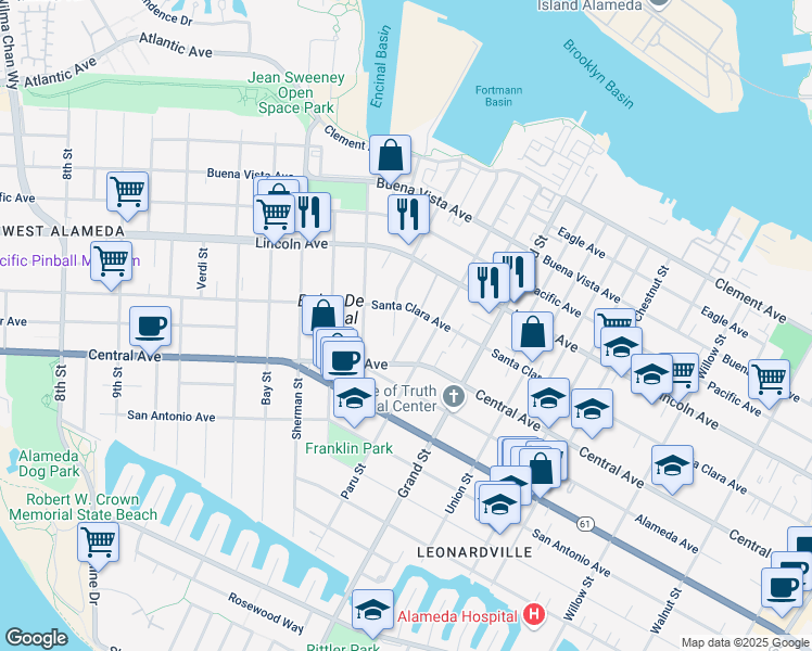 map of restaurants, bars, coffee shops, grocery stores, and more near 1418 Cottage Street in Alameda