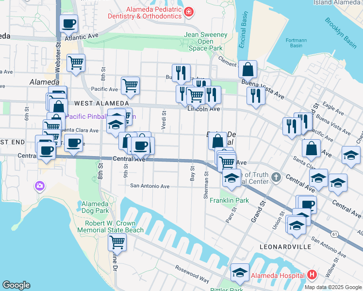 map of restaurants, bars, coffee shops, grocery stores, and more near 1413 Bay Street in Alameda