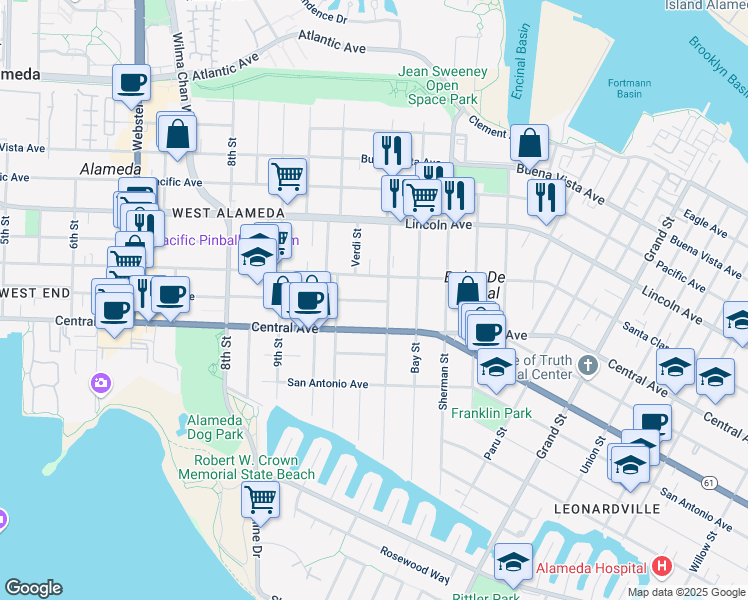 map of restaurants, bars, coffee shops, grocery stores, and more near 1035 Central Avenue in Alameda