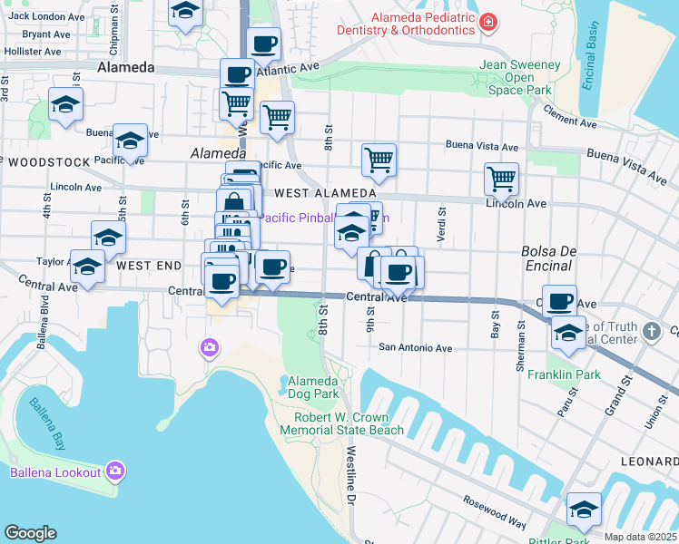 map of restaurants, bars, coffee shops, grocery stores, and more near 801 Central Avenue in Alameda