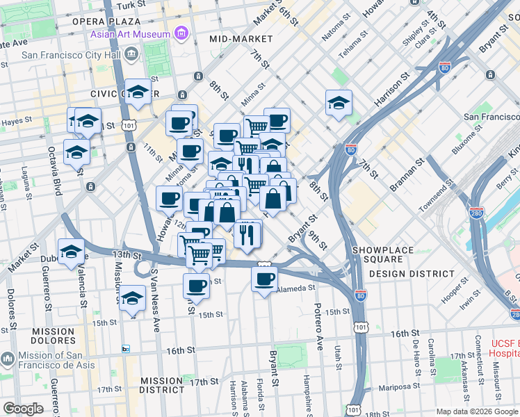 map of restaurants, bars, coffee shops, grocery stores, and more near 1420 Harrison Street in San Francisco