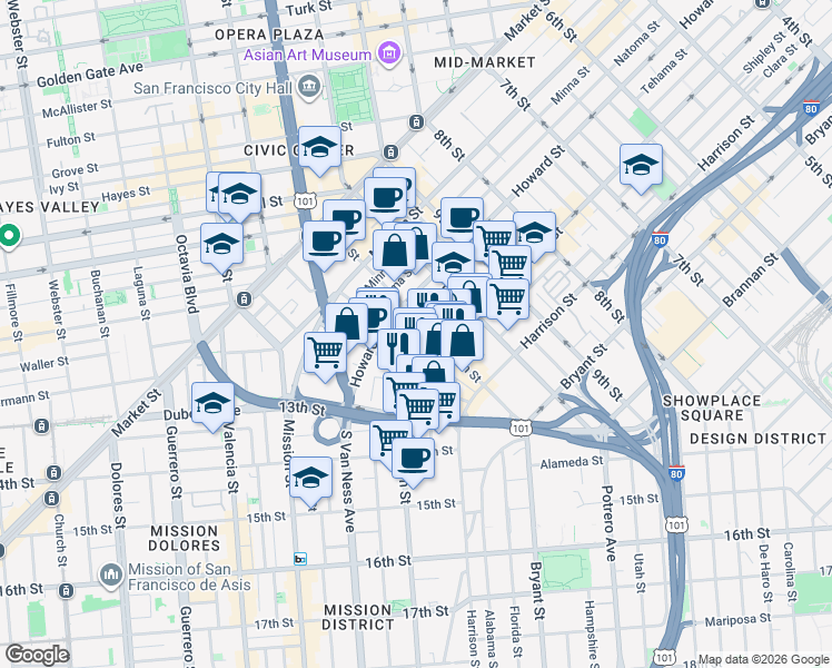 map of restaurants, bars, coffee shops, grocery stores, and more near 1560 Folsom Street in San Francisco