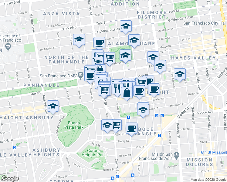 map of restaurants, bars, coffee shops, grocery stores, and more near 834 Haight Street in San Francisco