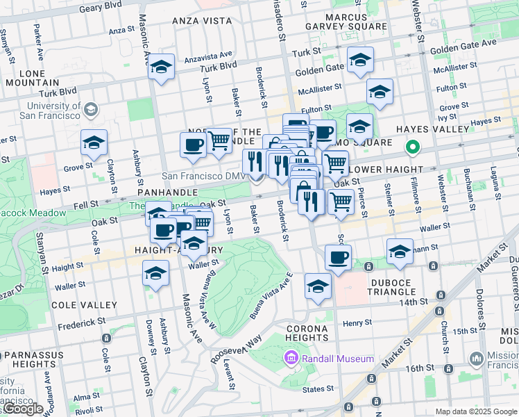 map of restaurants, bars, coffee shops, grocery stores, and more near 52 Baker Street in San Francisco