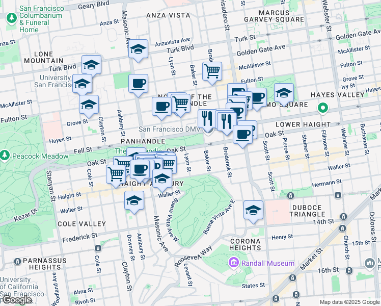 map of restaurants, bars, coffee shops, grocery stores, and more near 111 Lyon Street in San Francisco