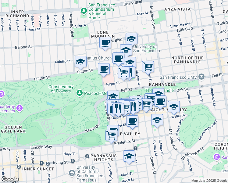 map of restaurants, bars, coffee shops, grocery stores, and more near 2011 Oak Street in San Francisco