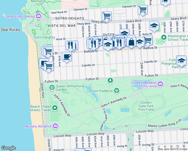 map of restaurants, bars, coffee shops, grocery stores, and more near 6500 Fulton Street in San Francisco