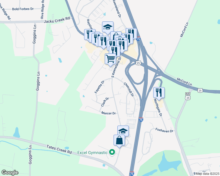 map of restaurants, bars, coffee shops, grocery stores, and more near 222 South Keeneland Drive in Richmond