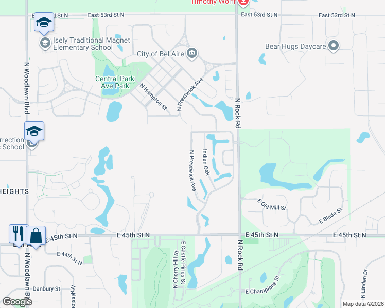 map of restaurants, bars, coffee shops, grocery stores, and more near 4865 North Indian Oak Street in Bel Aire