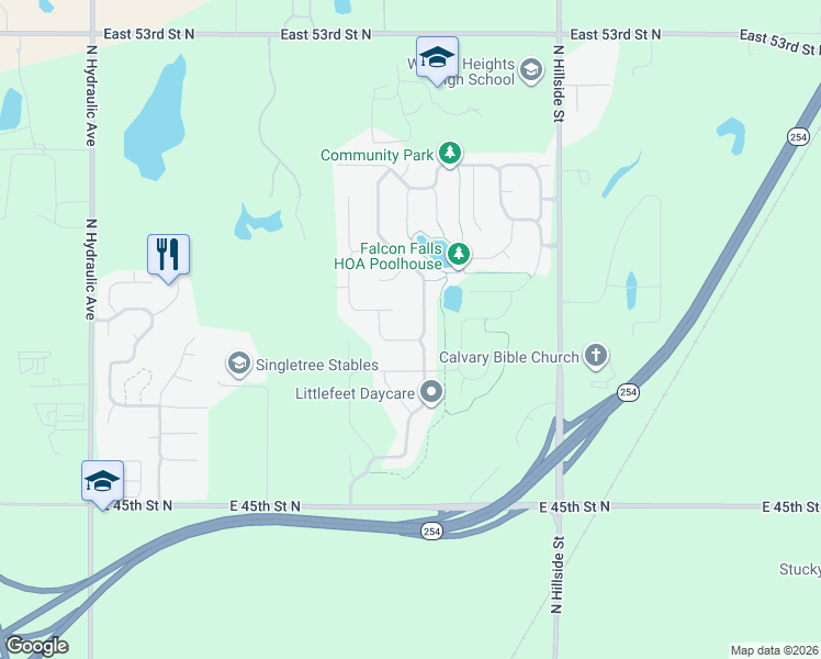 map of restaurants, bars, coffee shops, grocery stores, and more near 2620 East Mantane Street in Wichita