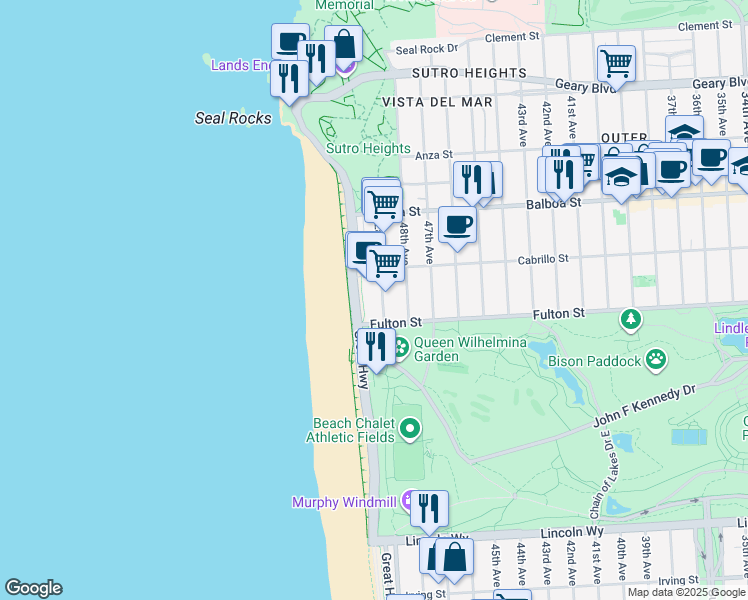 map of restaurants, bars, coffee shops, grocery stores, and more near 855 La Playa Street in San Francisco