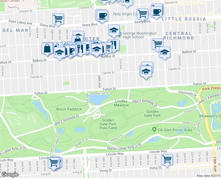 map of restaurants, bars, coffee shops, grocery stores, and more near Fulton Street in San Francisco