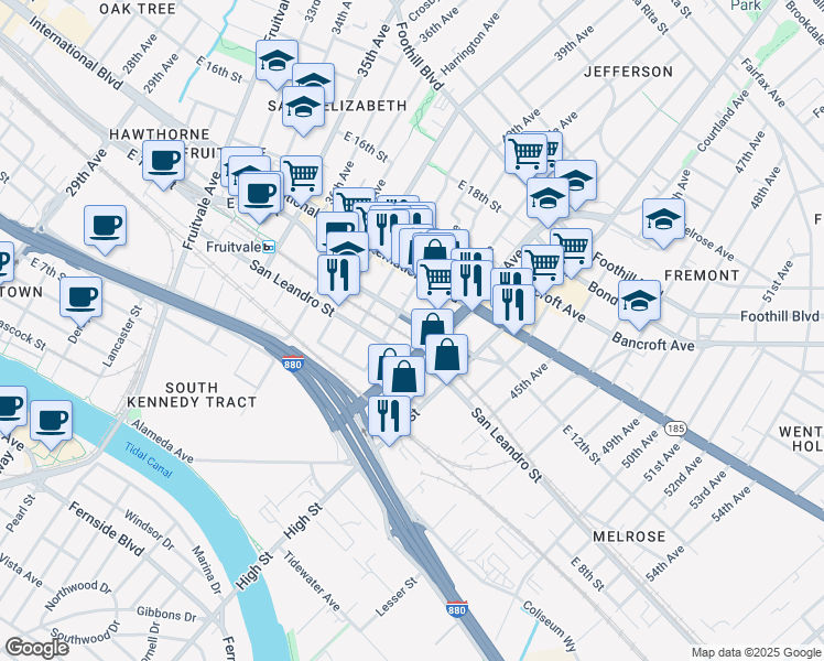 map of restaurants, bars, coffee shops, grocery stores, and more near 1027 41st Avenue in Oakland