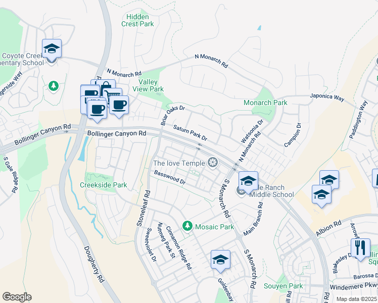 map of restaurants, bars, coffee shops, grocery stores, and more near 2283 Magnolia Bridge Drive in San Ramon