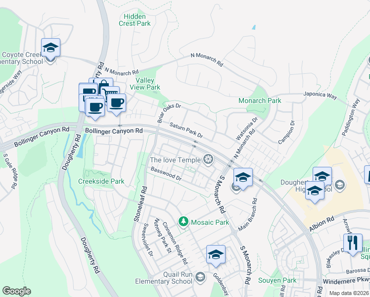 map of restaurants, bars, coffee shops, grocery stores, and more near 2283 Magnolia Bridge Drive in San Ramon