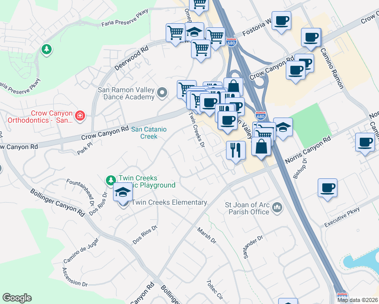 map of restaurants, bars, coffee shops, grocery stores, and more near 544 La Copita Court in San Ramon