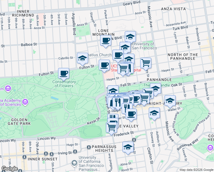 map of restaurants, bars, coffee shops, grocery stores, and more near 582 Stanyan Street in San Francisco