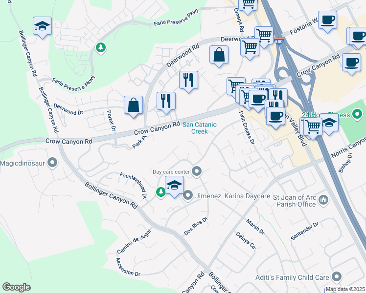 map of restaurants, bars, coffee shops, grocery stores, and more near 2568 Kilpatrick Court in San Ramon