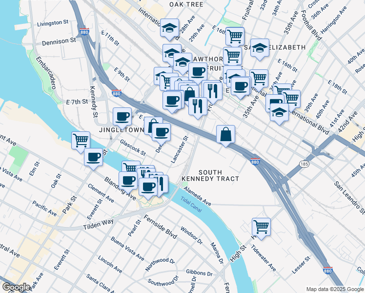 map of restaurants, bars, coffee shops, grocery stores, and more near 610 Lancaster Street in Oakland