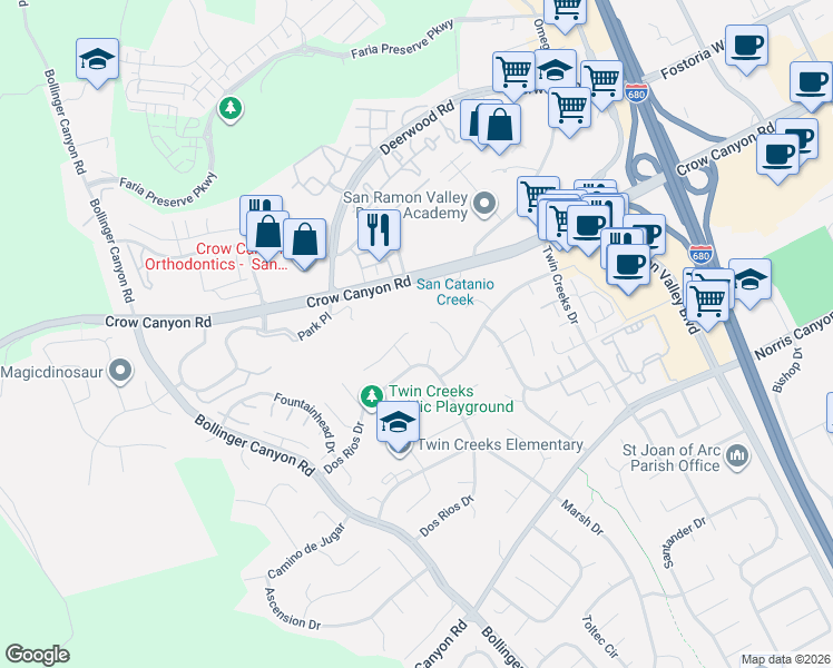 map of restaurants, bars, coffee shops, grocery stores, and more near 2568 Kilpatrick Court in San Ramon