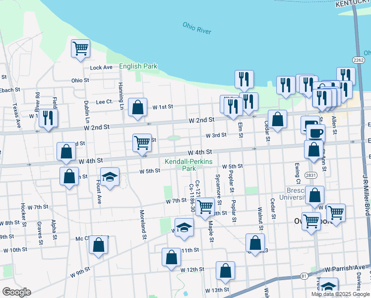 map of restaurants, bars, coffee shops, grocery stores, and more near 1228 W 3rd St in Owensboro
