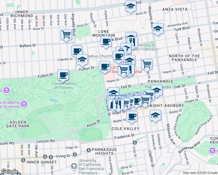 map of restaurants, bars, coffee shops, grocery stores, and more near 2168 Fell Street in San Francisco